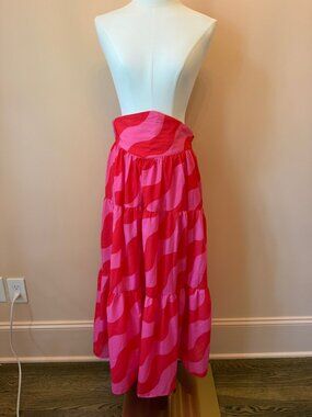 Karavan Pink Red Wave Print Tiered Maxi Skirt Size M